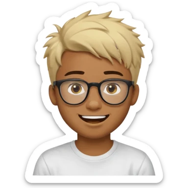 Teenager. Short buzz, messy blonde hair. Dark brown bushy eyebrows large expressive golden-brown eyes, brown skin color, scar over nose, wearing a plain white t-shirt. wearing clear thick black glasses. 20 year old male. laugh facial expression. brown skin color.  sticker