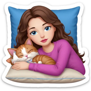 girl with long wavy brown hair, blue eyes, long lashes makeup, sexy pink lips, sleeping on a cozy pillow with 6 cats sticker