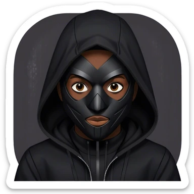 man with black hooded jacket and a full black full-face geometric mask with only black sticker