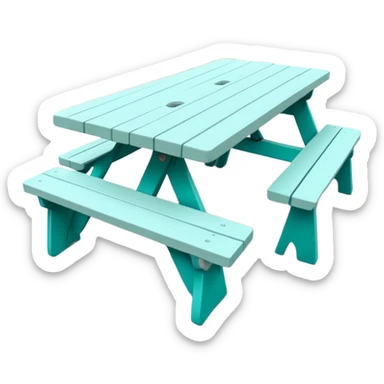 rectangular picnic table with benches, white tips on table and bench ends, straight vertical legs, soft teal color, small wheels, flat wood-style silhouette, clean geometry, minimal shading sticker