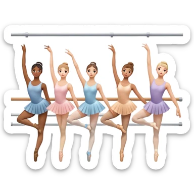 "Icon for Choreography: a group of dance students stretching, holding one hand on a long barre along the wall. The icon should capture the disciplined and graceful nature of ballet practice. Transparent background. sticker
