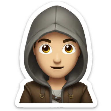 human male rogue with brown hair wearing a hood lifting eyebrows sticker