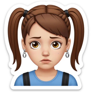 a white girl with brown hair in short pigtails with piercings frowning sticker