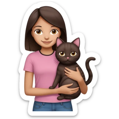 As una chica con piel marron claro con el pelo  medio largo color marron oscuro que tenga la chica una camiseta rosada mangas cortas con un jean claro que tenga ojos marrones la chica que la chica este sonriendo mientras sostiene entre sus brazos 1 gato negro gordito. sticker