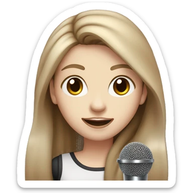 a girl with brown long layered middle parted hair, hazel eyes, pale skin, dark lips, singing into a microphone sticker