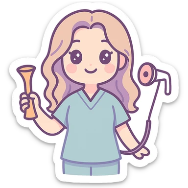 A kawaii style girl with appearance and clothing as in the reference, holding an obstetric stethoscope in one hand, the other hand down, smiling. Detailed shadows and highlights, thin clean contours, soft rounded shapes, pastel palette #98B5BC, #B5B3C1, #C9A3C9, #E4C0CA, #F7DCD1, #F7C0AA, soft lighting, transparent background, no decorative elements. sticker