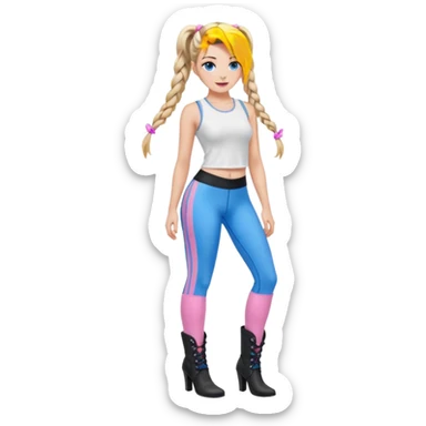 Beauty with blonde balayage and pink highlights long hair half braids with blue eyes wear White sexy top and black Leggins and Boots with heels sticker