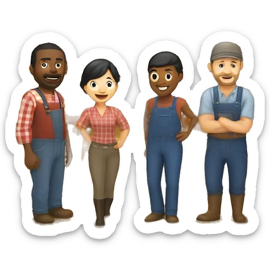 barn with two farmers, one male and one female and some customers of various ethnic backgrounds on a farm with barn in background sticker