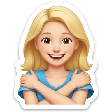 girl with arms crossed holding neck laughing sticker