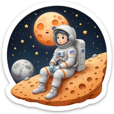 A whimsical digital illustration of a cartoonish astronaut, delicately rendered in soft pastel hues, sitting on a tiny, cratered moon, lost in thought as they stare out into the vast, starry expanse of empty space, their bright orange sticker