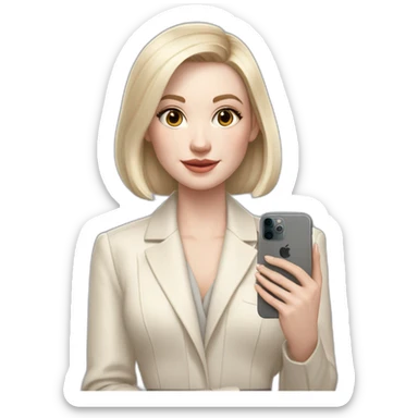 pale skin woman with ash blonde Straightened bob Hair, White Spacious classical jacket, beige palazzo Arrow pants and gray blouse holding white IPhone 15 pro in the hands sticker