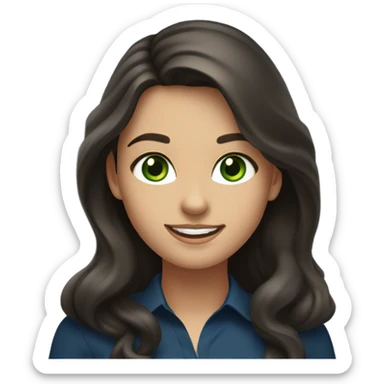 a brunette with long hair and green eyes in a dark blue blouse smiles sweetly sticker