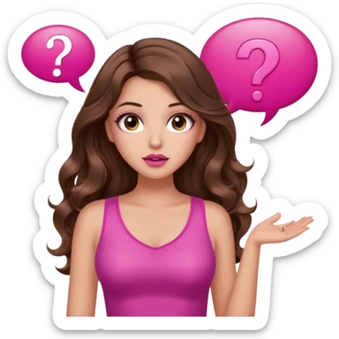 girl with long wavy brown hair, brown eyes, long lashes makeup, sexy pink lips, light to medium complexion, wearing a pink sexy top, shugging, question mark one speech bubble sticker