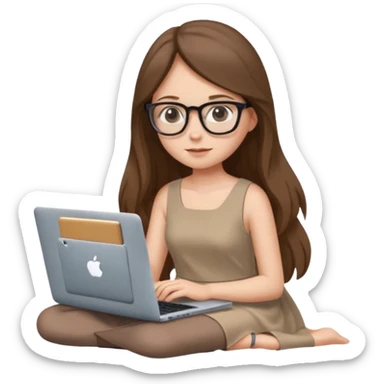 Girl in glasses,brown long hair, beige dress, sitting with gray MacBook sticker