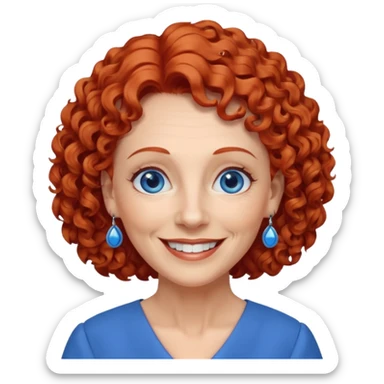 una profesora mayor simpática con el pelo rojo rizado, ojos azules, vestido azul y pendientes azules hablando altura completa sonriendo con los dientes sticker