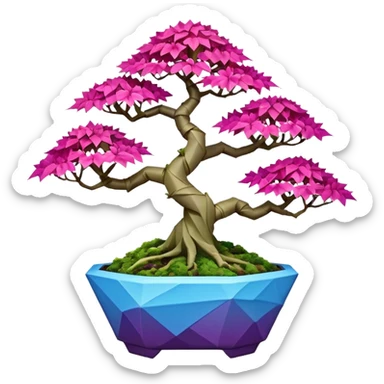 Futuristic wild alien moss maples Bonsai hair-fine-leaf group crimson crystal azalea purple and cream pink blue forest planting in shallow origami style pot  sticker