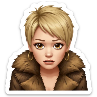 Cinematic realistic ultra HD angry, moody, glamorous, extremely made-up Hilary Duff, extremely skinny in a shaggy fur coat with a bronze glow sticker