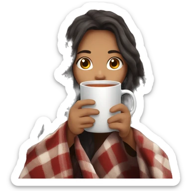 Dark brunnette girl with long hair snuggled up in a blanket and holding a hot tea in her hands Dark brunette girl with long hair snuggled up in a blanket and holding a hot tea in her hands sticker