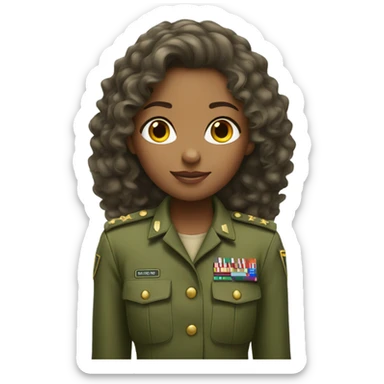 A girl with long curly hair wearing a green army uniform sticker
