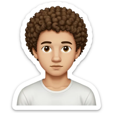 a 17 year old light-skinned boy with slightly brown eyes, small mustache above his lip, very curly hair like a small afro with cut sides, one twisted curl falling on his forehead, wearing a tight white shirt sticker