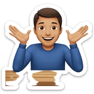 A man is laughing with his head siting on the table and his both hands are knocking the table sticker