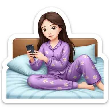 girl with long dark brown hair and pale laying in bed in pajamas looking at her phone sticker