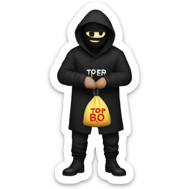 Thief wearing all black clothes stealing a money bag with the words Top Tier embroidered on it sticker