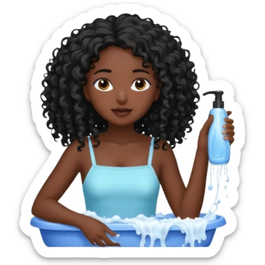 beautiful dark skinned girl washes her long curly black hair with shampoo sticker