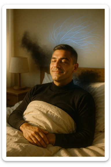 A cinematic image of a man in his mid-30s lying in bed, just waking up from deep sleep. His expression is calm and visibly transformed — a sense of inner peace, relief and subtle joy on his face. Soft morning light enters the room, casting gentle golden tones over his features. His eyes sono ancora semi chiusi, ma il viso è disteso, come se un grande peso fosse stato rilasciato durante la notte. Accanto a lui, simbolicamente sfocato, un’ombra o un alone scuro si dissolve, rappresentando il malessere notturno superato. Intorno alla sua testa, leggere onde di luce azzurra o bianca simboleggiano l’attività cerebrale rigenerativa della fase REM. La camera è ordinata, minimalista, con materiali naturali. L’atmosfera è serena, rigenerativa, intima. Shot in 35mm film style, high realism, shallow depth of field, warm highlights and clean shadows. sticker