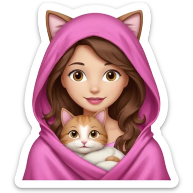 girl with long wavy brown hair, brown eyes, long lashes makeup, sexy pink lips, light to medium complexion, wearing a pink sexy silk top, big blanket over the head cozy holding a cat,  sticker