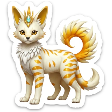 Epic complex fantasy glorious detailed futuristic divine godly angelic feathery sunny, white, albino, pastel, golden, orange glowing sparkly, realistic Fakémon-Trico-Sergal-Serval-Solgaleo-Vernid-creature (full body) solarpunk, shiny sparkly with a gold laurel sticker