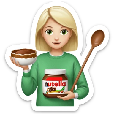 Blond woman with white and green pullover holds in one hand a big carriage of Nutella and in the other hand a oversized spoon which is in the carriage of Nutella sticker