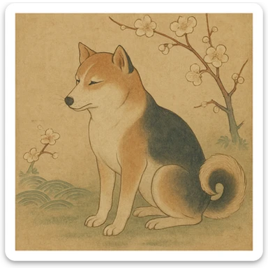 {
  "style_description": {
    "overall_look": "Traditional Japanese painting with a refined and serene aesthetic rooted in classical techniques",
    "material_simulation": {
      "primary_material": "natural pigments on washi or silk",
      "texture_detail": "subtle paper grain, matte finish, soft brushwork",
      "pattern": "occasional use of classical Japanese motifs such as plum blossoms, waves, or cranes"
    },
    "geometry": {
      "edge_style": "fluid and organic linework with gentle outlines",
      "dimensionality": "flat perspective with carefully balanced negative space"
    },
    "color_palette": {
      "scheme": "earthy and muted tones with occasional gold or mineral highlights",
      "preferred_colors": ["indigo", "sumi black", "reddish brown", "soft greens", "off-white"],
      "contrast": "low contrast, harmonious tones"
    },
    "lighting": {
      "type": "diffused, implied through tone rather than shading",
      "purpose": "maintain the contemplative and meditative quality of the piece"
    },
    "render_constraints": {
      "avoid": ["realistic lighting", "high saturation", "modern cartoon outlines", "digital gradients"],
      "focus_on": ["natural harmony", "elegance", "quiet emotional expression"]
    },
    "background": {
      "color": "neutral or light washi-inspired background",
      "style": "plain or softly patterned with traditional elements",
      "lighting_consistency": "flat and even, no cast shadows or dramatic highlights"
    }
  }
}

{subject} = dog sticker