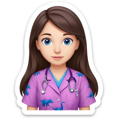 pretty brunette nurse with long hair and blue eyes in pink and purple dinosaur pattern scrubs sticker