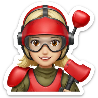 blond girl playing paintball with red paintball helmet with eye protection, only face sticker