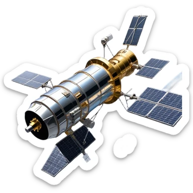 cinematic-realistic-hubble-space-telescope-emoji, an awe-inspiring, ultra-detailed depiction of the Hubble Space Telescope floating in space, its large, reflective metallic surface gleaming against the backdrop of the infinite blackness. The telescope's vast solar panels extend outwards, catching the light from distant stars, while its intricate, cylindrical body showcases advanced, precise engineering. The telescope's large, hexagonal lens is pointed towards the cosmos, surrounded by mechanical components, wires, and sensors. The detailed textures of the telescope’s metallic exterior, the shiny reflective coating, and the intricate grid-like solar panels are sharply contrasted against the void of space, with distant stars and nebulae faintly visible in the background, adding to the sense of scale and technological marvel; rendered with extreme realism and attention to detail. sticker
