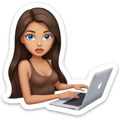 Glamours tanned very beautiful girl with big pump peach lips and dark chocolate straight smooth long hair, blue eyes in brown/beige bodysuit with MacBook sticker