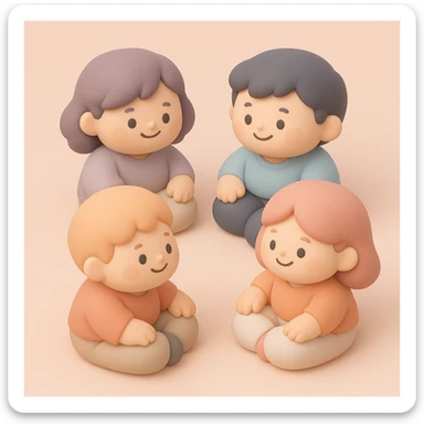 a group of friends sitting in a circle, mochi style, gentle colors, cute and chubby features, smiling faces sticker