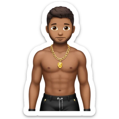 Usher with dark brown hair, shirtless with necklace, metallic black pants sticker