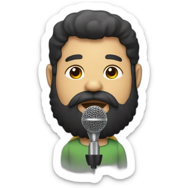 A pudgy man with a black beard and thick hair and a microphone sticker