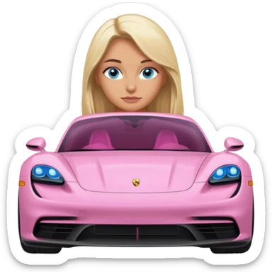 pink Porsche taycan with blonde girl, long hair, blue eyes, front view point of view, no sunglasses, sexy sticker