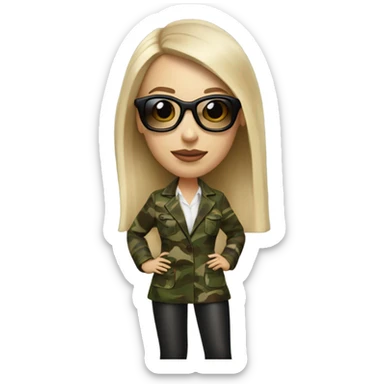 Realistic White woman with Long straight blonde hair and round sunglasses, camouflage Wool oversize blazer, mini skirt and Brown heeled leather boots  sticker