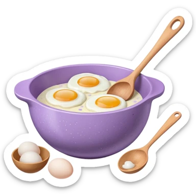 a lilac ceramic mixing bowl with a wooden spoon stirring and sitting next to it is a few eggs sticker