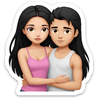 generate a pretty tan bratz boy with messy black hair wearing a white tshirt. Hugging a fair girl with long black hair, eyeliner, wearing a pink cami.  sticker