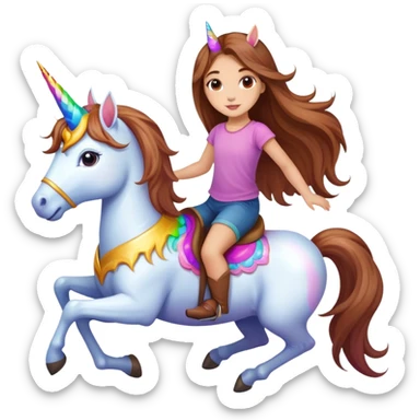 young light-skinned girl with long brown hair on a colorful unicorn sticker