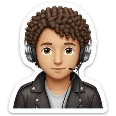 curly haired boy wearing a leather jacket and headphones music producer sticker
