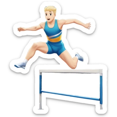 An icon of an white-skined athlete soaring over a hurdle, mid-jump, with a powerful form. The background features a vibrant stadium, with the track and hurdles in sharp focus, and a cheering crowd along the stands. The motion of the jump emphasizes speed and agility. Transparent background. sticker