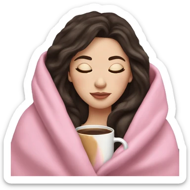 white girl dark hair inside a pink blanket sipping coffee eyes closed sticker