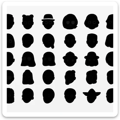 Redesign memoji into black matte monochrome avatars, leaving only the silhouettes of the sculptures. White Background sticker