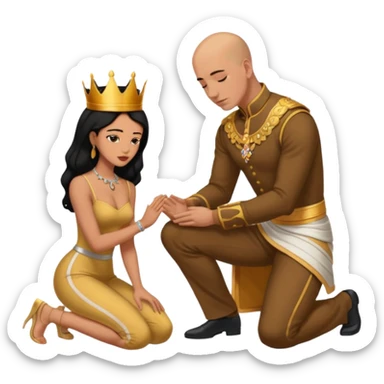 Bald headed brown skinned man kneeling down while a black haired  queen looks down  in approval  sticker
